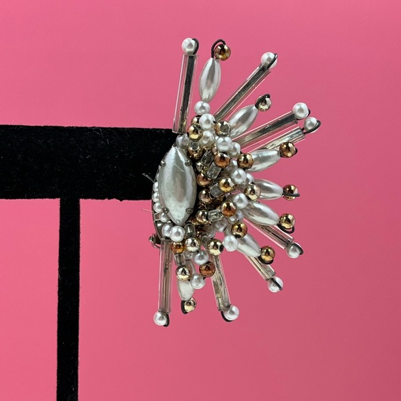 Vintage Designer Beaded Sunburst Clip On Earrings - Picture 3 of 7